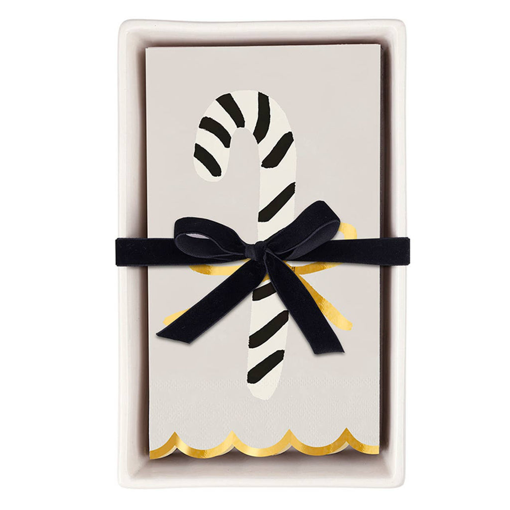 Ceramic Guest Napkin Tray + Napkins - Candy Cane: Ceramic/Paper/Velvet Ribbon / Tray: 8.75" L x 5.25" W x 1.5" D, Napkin: 7.75" L x 4.25" W