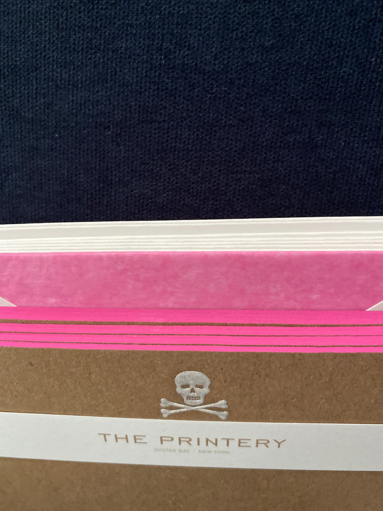 BOXED NOTE CARDS - THE PRINTERY - SKULL & BONES WITH PINK EDGE / HOT PINK TISSUE LINING