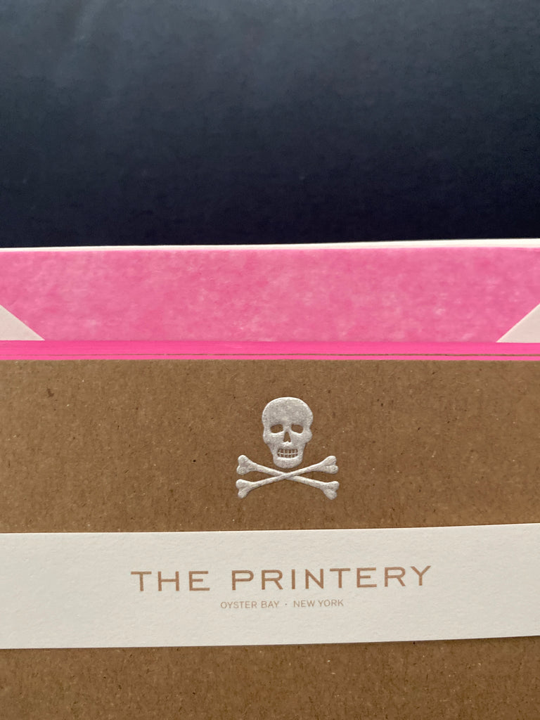 BOXED NOTE CARDS - THE PRINTERY - SKULL & BONES WITH PINK EDGE / HOT PINK TISSUE LINING