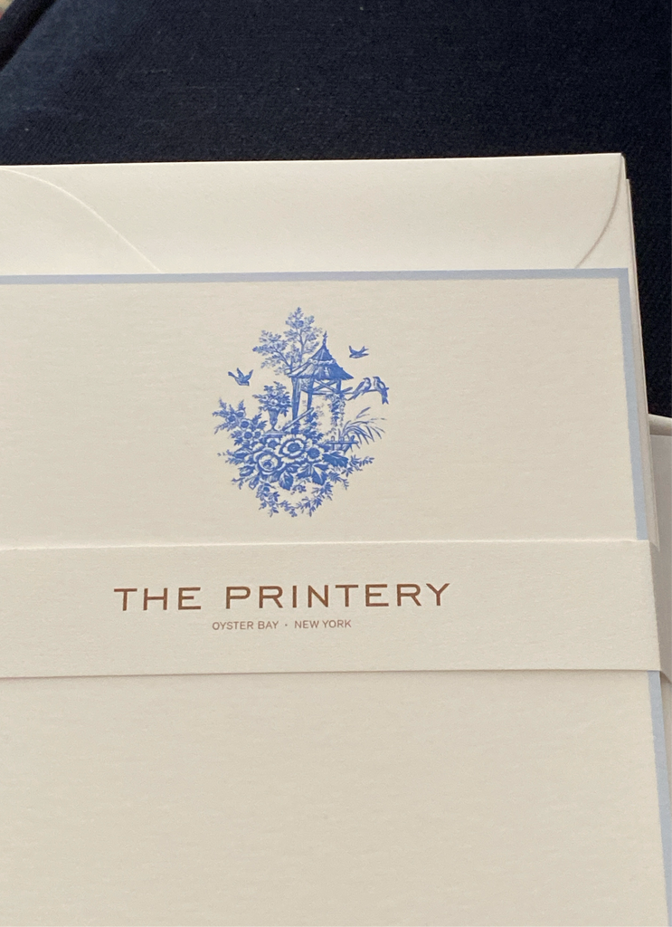 BOXED NOTE CARDS - THE PRINTERY - BLUE TOILLE ENGRAVED BLUE BIRD HOUSE AND BIRDS ENGRAVED: WHITE TISSUE LINER