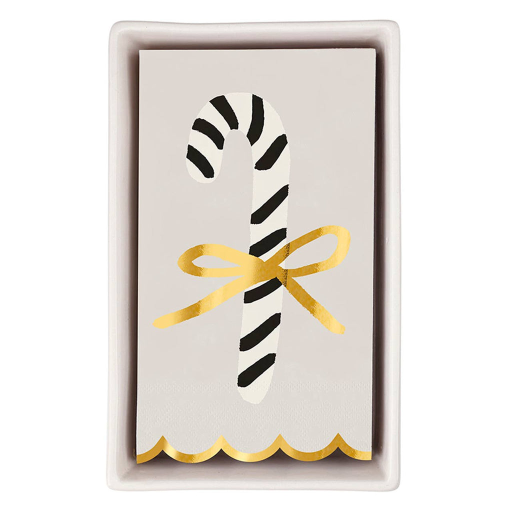 Ceramic Guest Napkin Tray + Napkins - Candy Cane: Ceramic/Paper/Velvet Ribbon / Tray: 8.75" L x 5.25" W x 1.5" D, Napkin: 7.75" L x 4.25" W