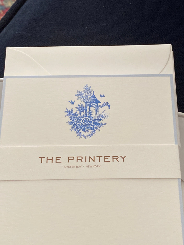 BOXED NOTE CARDS - THE PRINTERY - BLUE TOILLE ENGRAVED BLUE BIRD HOUSE AND BIRDS ENGRAVED: WHITE TISSUE LINER