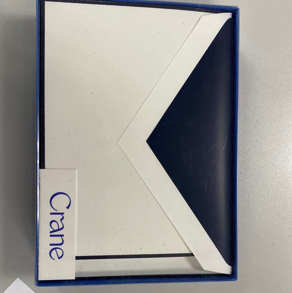 Crane & Co Navy border pearl white fold over cards. and Navy lined pearl white kid finish envelopes.