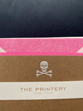 BOXED NOTE CARDS - THE PRINTERY - SKULL & BONES WITH PINK EDGE / HOT PINK TISSUE LINING