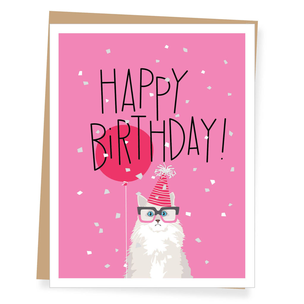 White Cat Pink Balloon Birthday Card