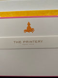 BOXED NOTE CARDS - THE PRINTERY- ENGRAVED ORANGE PINEAPPLE W/ HOT PINK BORDER- YELLOW TISSUE LINER