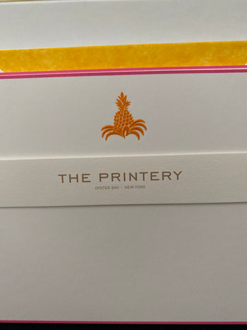 BOXED NOTE CARDS - THE PRINTERY- ENGRAVED ORANGE PINEAPPLE W/ HOT PINK BORDER- YELLOW TISSUE LINER