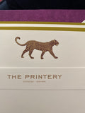 BOXED NOTE CARDS - TP - BLACK & GOLD LEOPARD ENGRAVED w/ GOLD BOARDER AND PURPLE TISSUE LINER