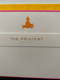 BOXED NOTE CARDS - THE PRINTERY- ENGRAVED ORANGE PINEAPPLE W/ HOT PINK BORDER- YELLOW TISSUE LINER