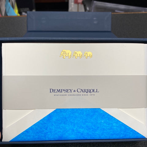 DEMPSEY & CARROLL ENGRAVED GOLD 3 ELEPHANT FAMILY WITH GOLD EDGE PAINTED 2 PLY CARDS  - TURQUOISE TISSUE LINER