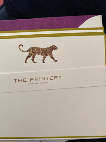 BOXED NOTE CARDS - TP - BLACK & GOLD LEOPARD ENGRAVED w/ GOLD BOARDER AND PURPLE TISSUE LINER