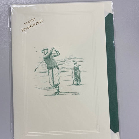 HAND ENGRAVED GOLFER BIRTHDAY CARD-OCM-DK. GREEN LINED ENVELOPE