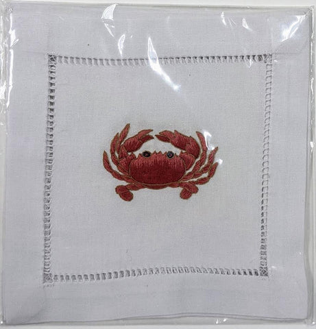 NAPKINS LINEN  - BFS - RED EMBROIDERED CRAB LINEN COCKTAIL NAPKINS SET OF 4