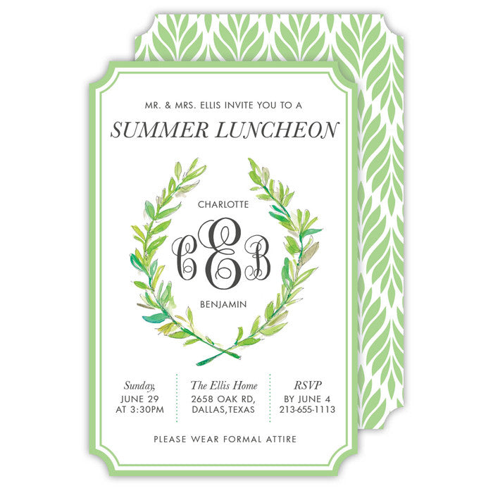 BOXED IMPRINTABLE INVITATIONS - RAB - DIE CUT, GREEN CREST