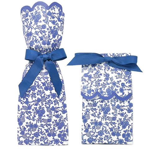 6 pk Blue Chinoiserie Wine + Gift Bag Kits w/ precut Blue Ribbon