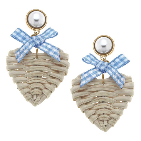 Rattan & Heart Drop Earrings in Blue