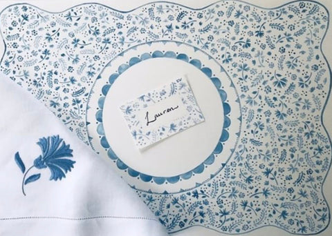 PAPER PLACEMATS & PLACE CARDS - CMY - BLUE FLOWERS & FERNS SET OF 10 AND SET OF 10 PLACECARDS
