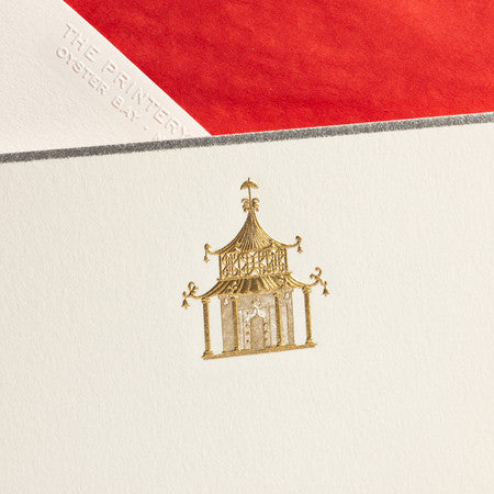 BOXED FILL-IN INVITATIONS - TP - GOLD PAGODA GRAY BORDER & RED TISSUE LINER - ENGRAVED