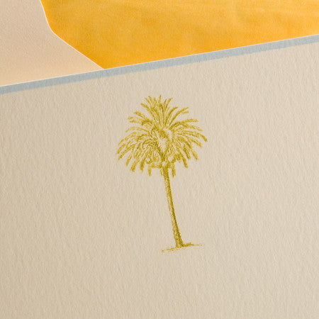 BOXED NOTE CARDS- THE PRINTERY- GOLD PALM TREE ENGRAVED W/ POWDER BLUE BORDER