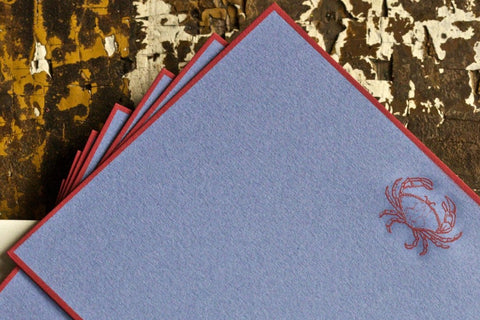 RED CRAB BLANK CARD - PP - ENGRAVED RED CRAB ON SEA BLUE CARD WITH RED BORDER