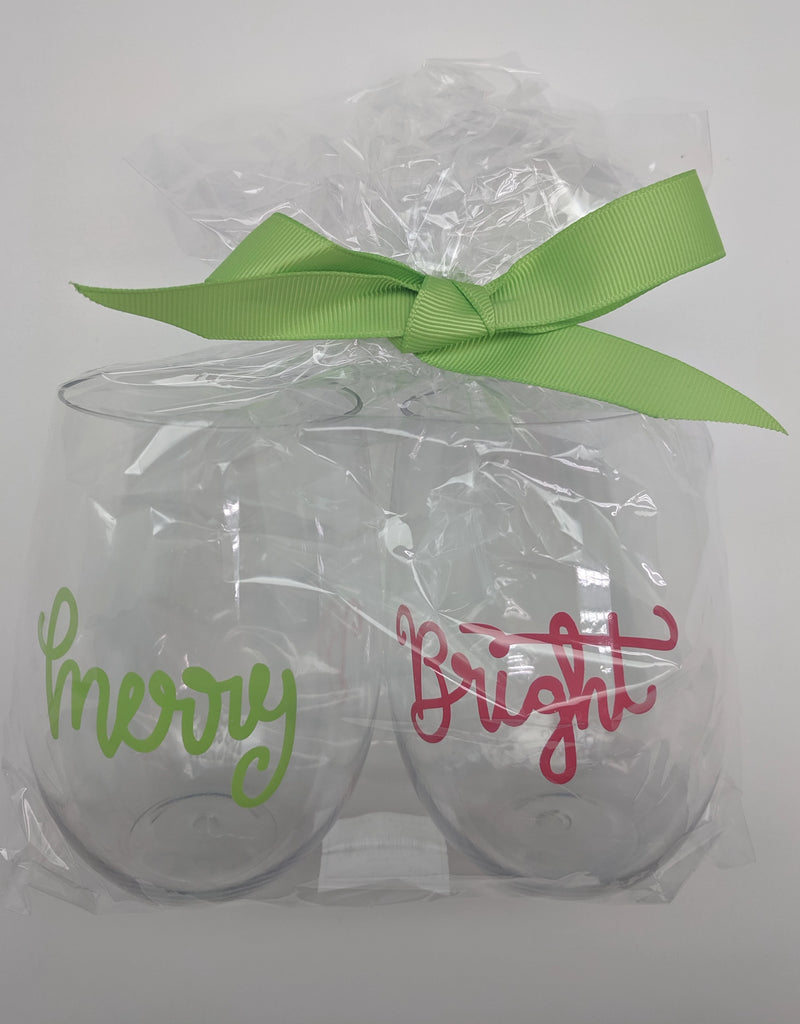 CHRISTMAS WINE PLASTIC CUPS SET OF 2 - MSC - MERRY/BRIGHT SET OF 2