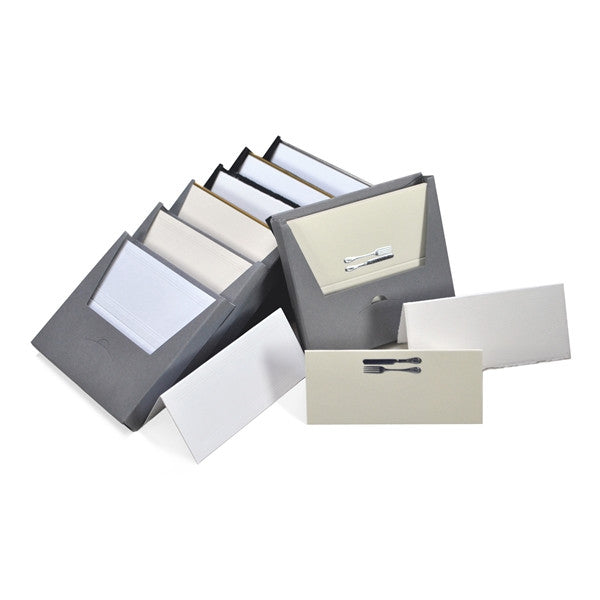 PLACE CARDS - OCM - CREAM FOLDED  WITH SILVER FORK & KNIFE SET OF 25