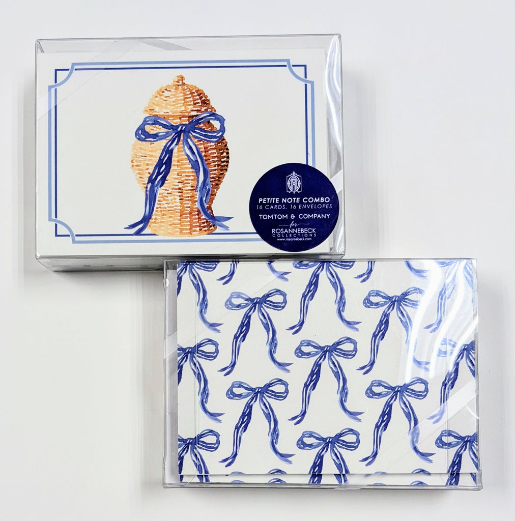 BOXED NOTE CARDS - RAB - WICKER BASKET WITH BLUE BOW COMBO SET OF 16