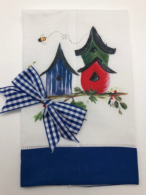 TEA TOWEL - DBB - BIRD HOUSES - BLUE BAND AND BOW