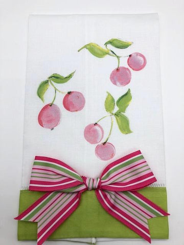 TEA TOWEL - DBB - CHERRIES - LIME BAND WITH BOW