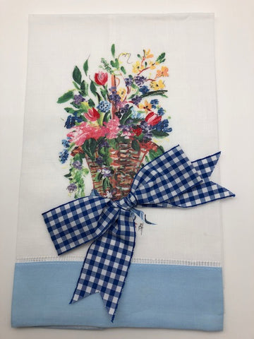 TEA TOWEL - DBB - FLOWER BASKET - LIGHT BLUE BAND WITH BOW