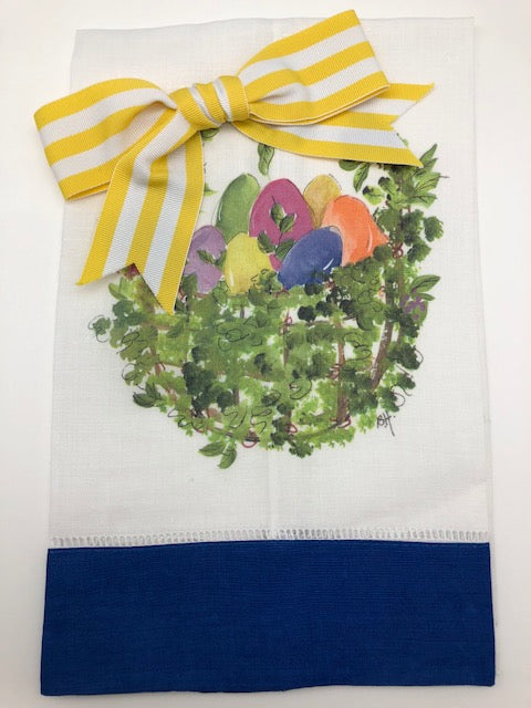 TEA TOWEL - DBB - LEAFY EGG BASKET - BLUE BAND WITH BOW