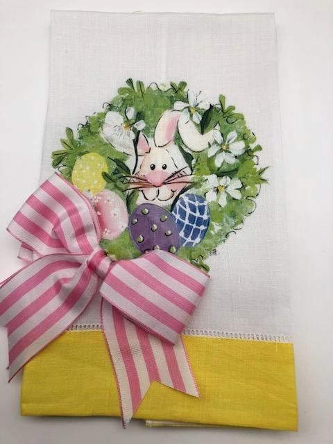 EASTER TEA TOWEL - DBB - BUNNY WREATH - YELLOW BAND WITH BOW