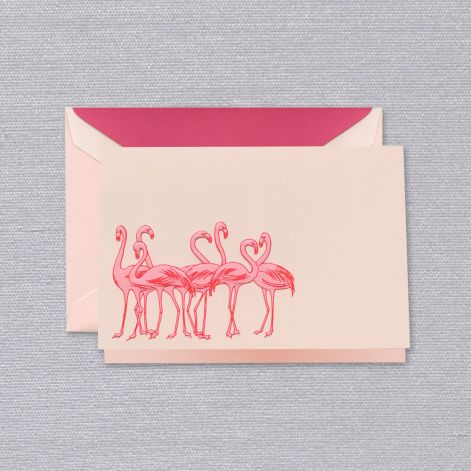 BOXED NOTE CARDS - CCO - PINK PAPER FOLDOVER WITH ENGRAVED FLAMINGOS