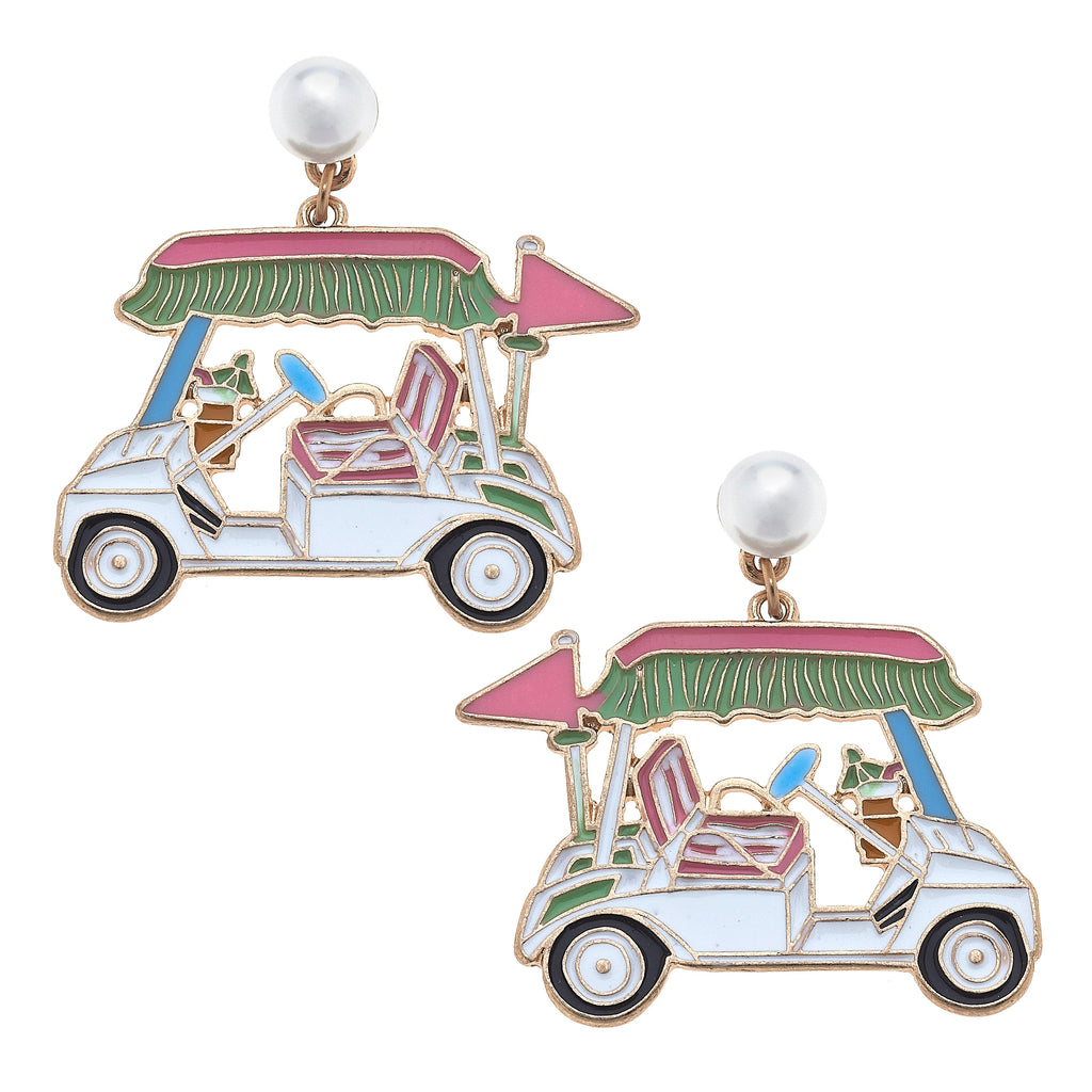 Golf Cart Enamel Earrings in Green & Pink