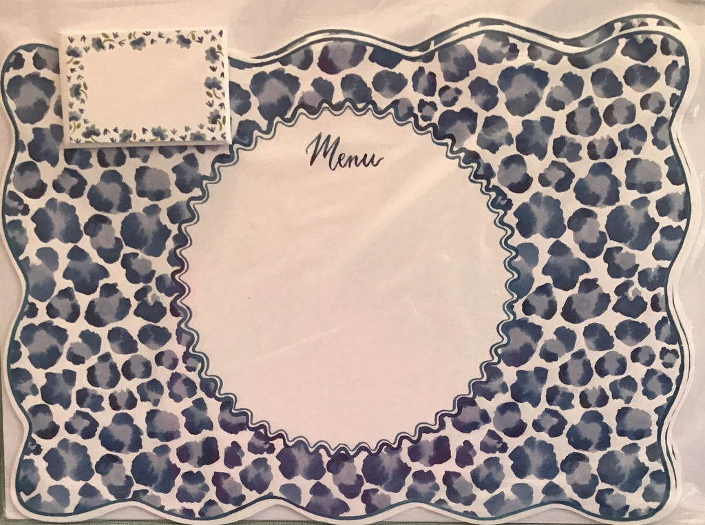 PLACEMATS AND PLACE CARDS- CM - BEAUTIFUL DIE CUT BLUE AND WHITE LEOPARD SET OF 10 PLACEMATS AND PLACE CARDS