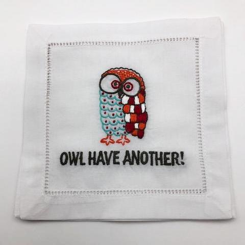 NAPKINS LINEN - AM - “OWL HAVE ANOTHER!” LINEN COCKTAIL SET OF 4 BOXED