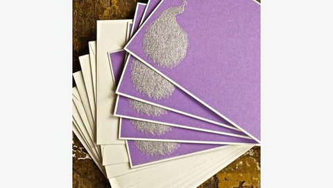 BOXED NOTE CARDS- PP - ENGRAVED SILVER  PEACOCK ON PURPLE CARD SET OF 10