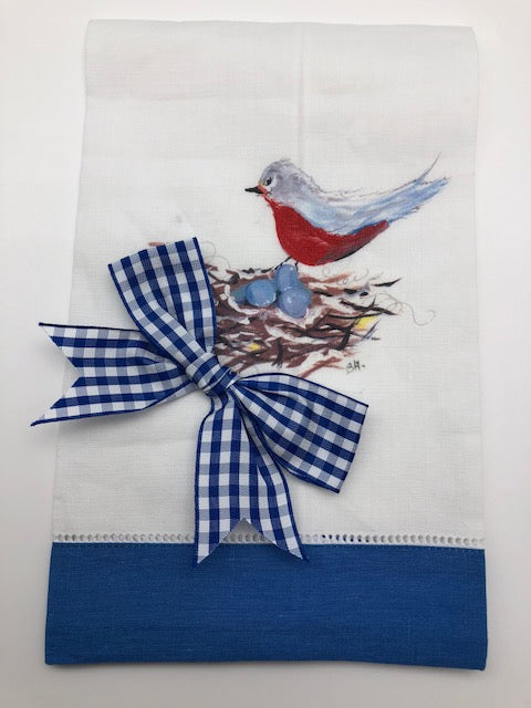 TEA TOWEL - DBB - BIRD WITH NEST - BLUE BAND AND BOW
