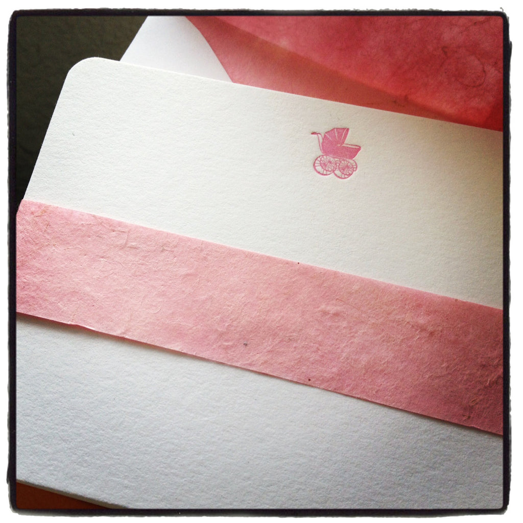 BOXED NOTE CARDS - LETTERPRESS BABY GIRL PINK PRAM